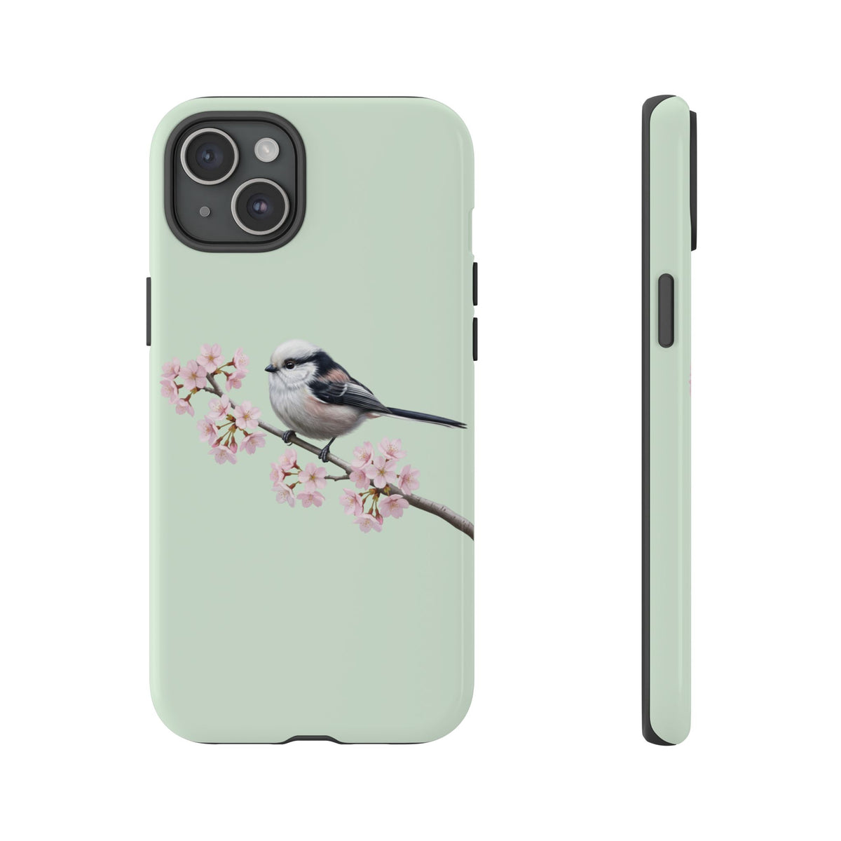 Funda para móvil de carbonero común en verde salvia | Motivo floral de pájaro y flores de cerezo para iPhone y Google Pixel