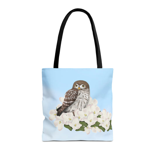 Little Owl in Spring Blossoms Bird Tote Bag 16"x16"