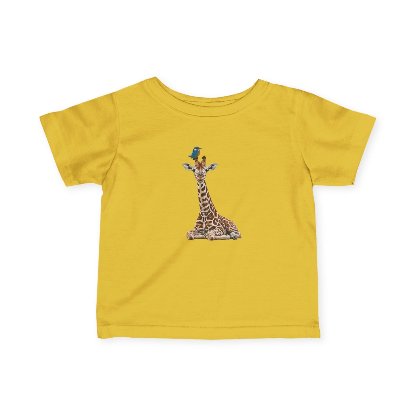 Süße Baby Giraffe mit Eisvogel Vogel Tiermotiv T-Shirt für Babys und Kleinkinder