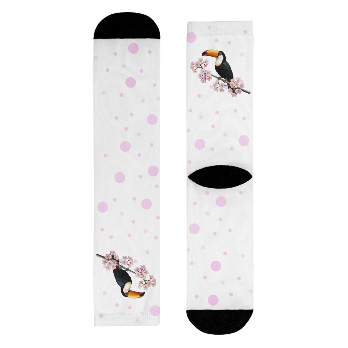 Tukan Socken mit – Kirschblüten | Weiß Rosa gepunktete Vogelmotiv Strümpfe