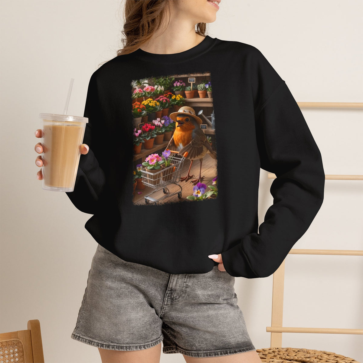 Lustiges Rotkehlchen Sweatshirt mit Blumen-Einkaufswagen | Süßer Vogel Pullover für Pflanzenliebhaber