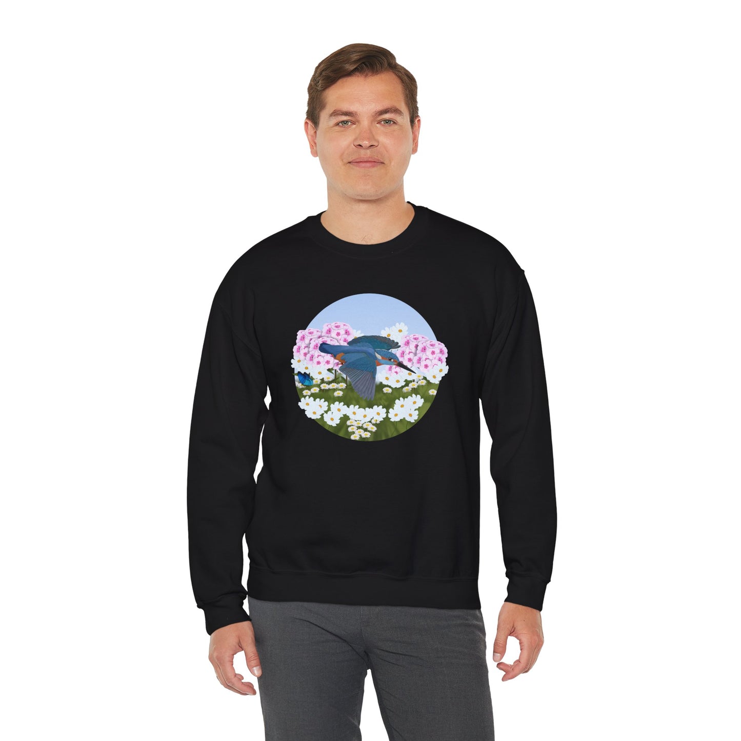 Kingfisher with Summer Flowers Sweatshirt Birding & Bird Watching Bird Lovers