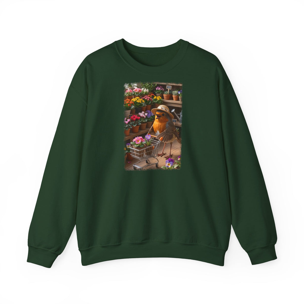 Lustiges Rotkehlchen Sweatshirt mit Blumen-Einkaufswagen | Süßer Vogel Pullover für Pflanzenliebhaber