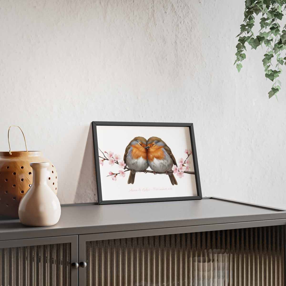 Tableau mural personnalisé avec cadre en bois – Couple de rouges-gorges avec prénoms au choix