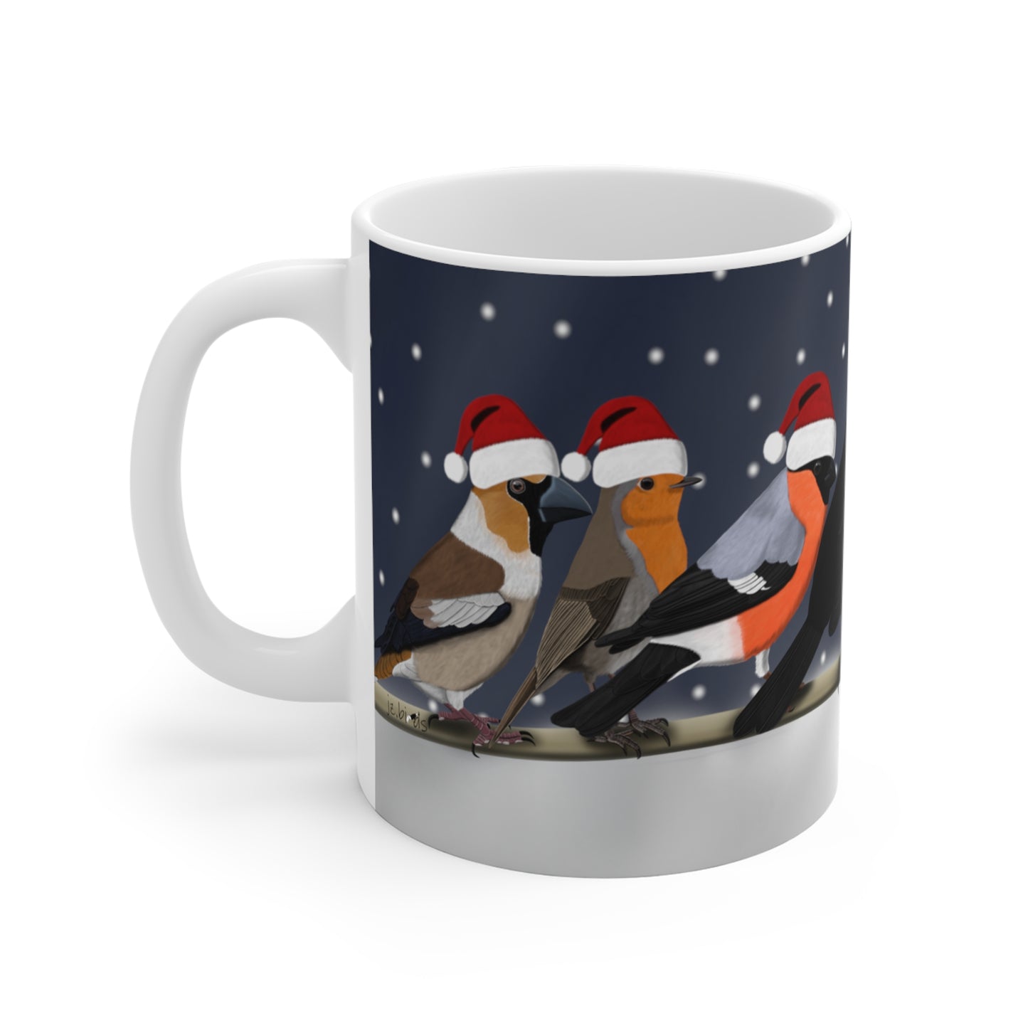 Gartenvögel auf einem Ast Amsel Rotkehlchen Feldsperling im Winter Weihnachten Schnee Vogel Tasse