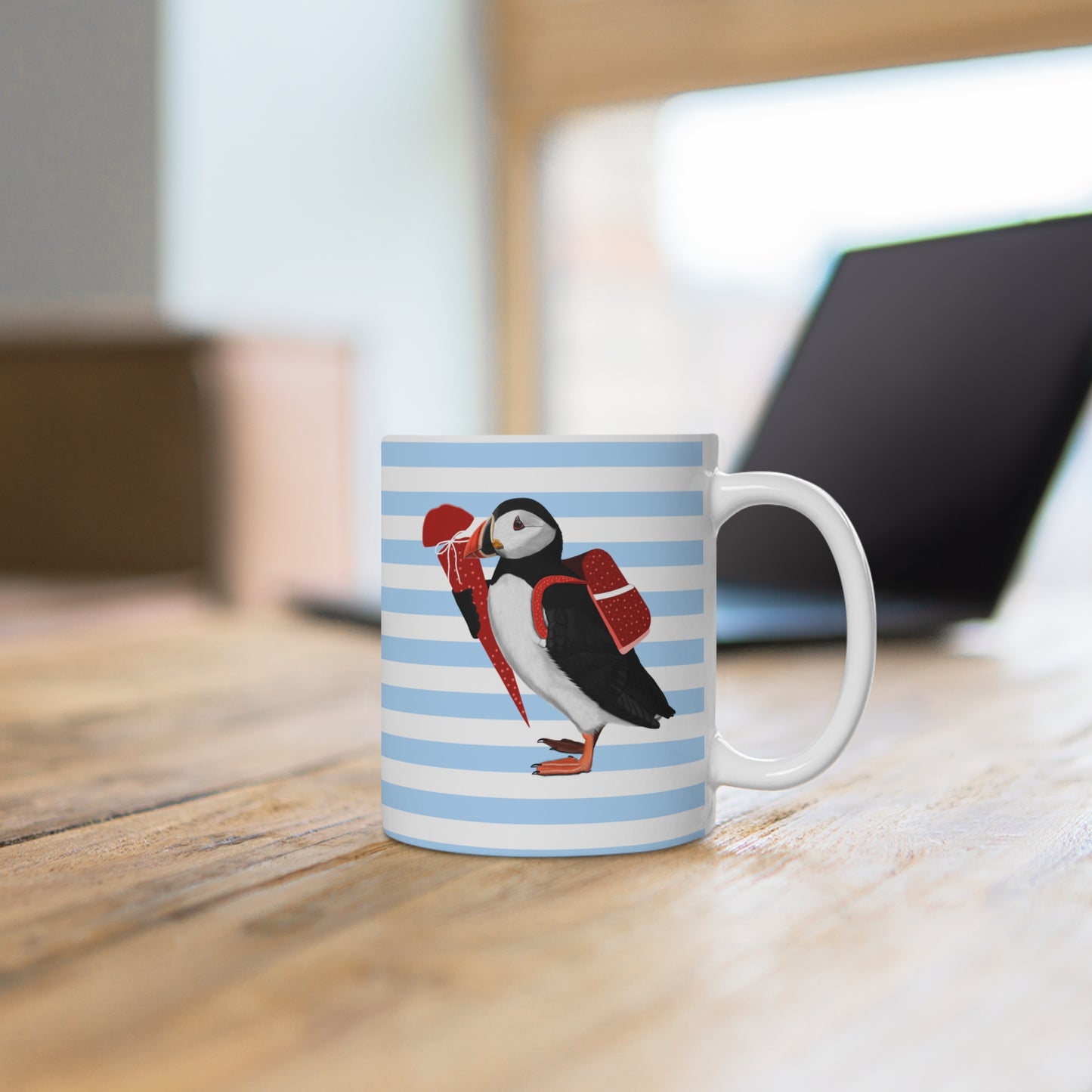 Papageitaucher Vogel Tasse als Geschenk zur Einschulung Blau Weiß