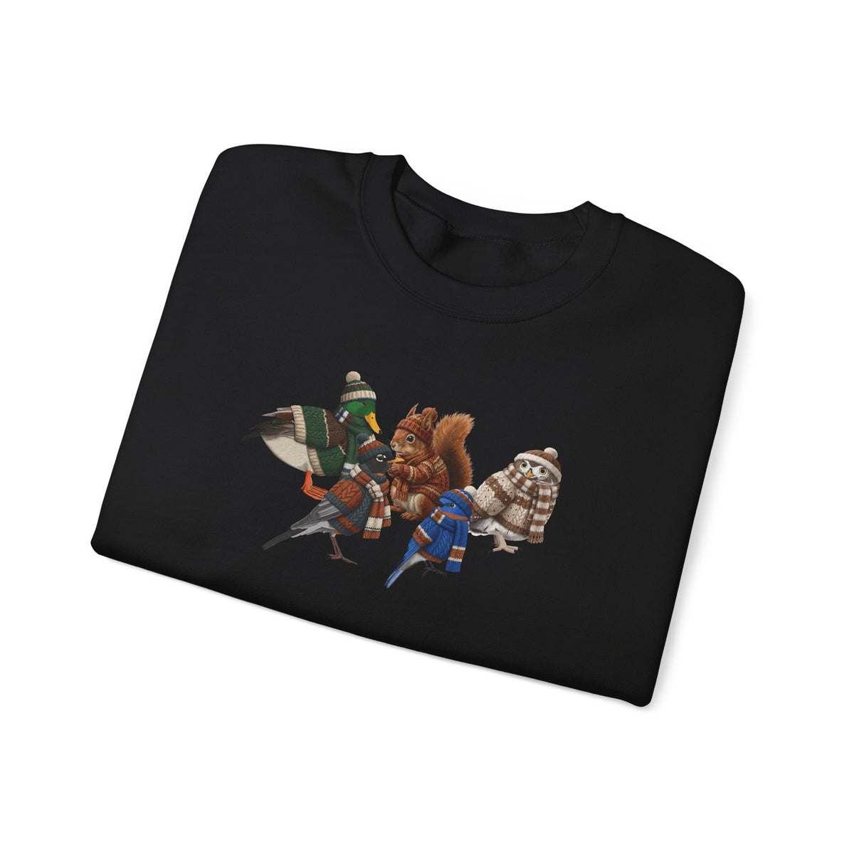 Cozy Winter Crewneck: Backyard Birds & Squirrel in Knitwear