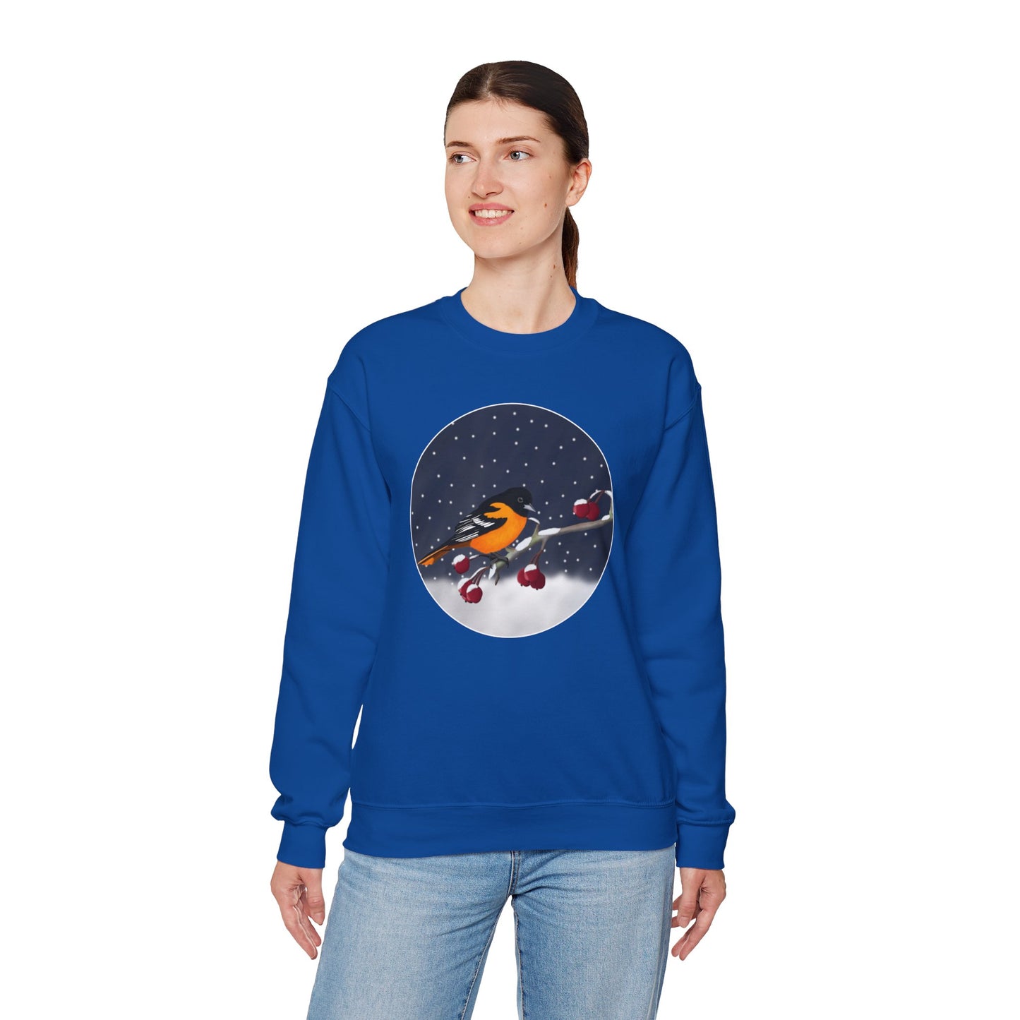 Baltimore Oriole on a Winter Branch Birdwatcher Christmas Bird Sweatshirt