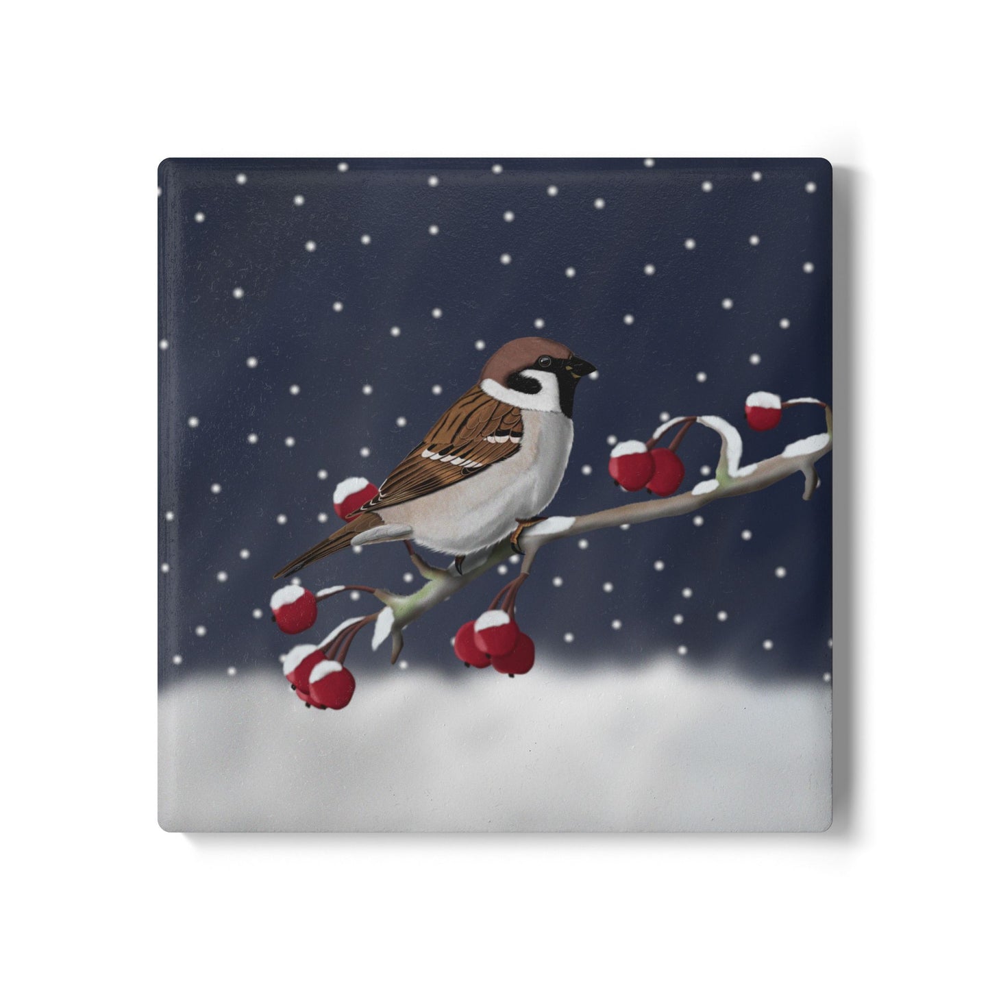 Feldsperling im Schnee Keramik-Untersetzer: Weihnachtliches Vogel-Motiv