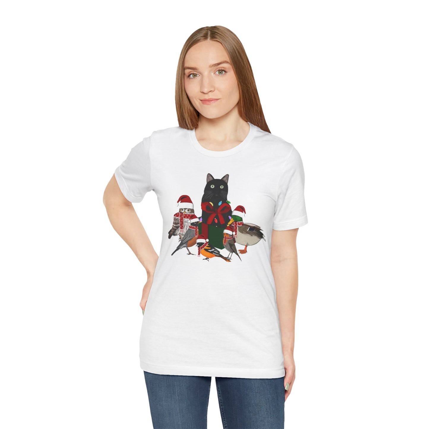 Robin Mallard Oriole Owl with Cat in a Box and Fairy Lights Christmas Bird T-Shirt