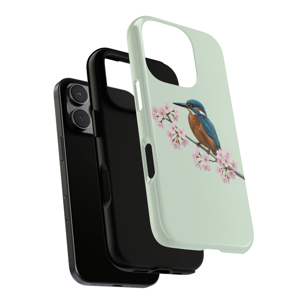 Eisvogel Handyhülle in Salbeigrün | Florales Kirschblüten Vogel-Motiv für iPhone & Google Pixel