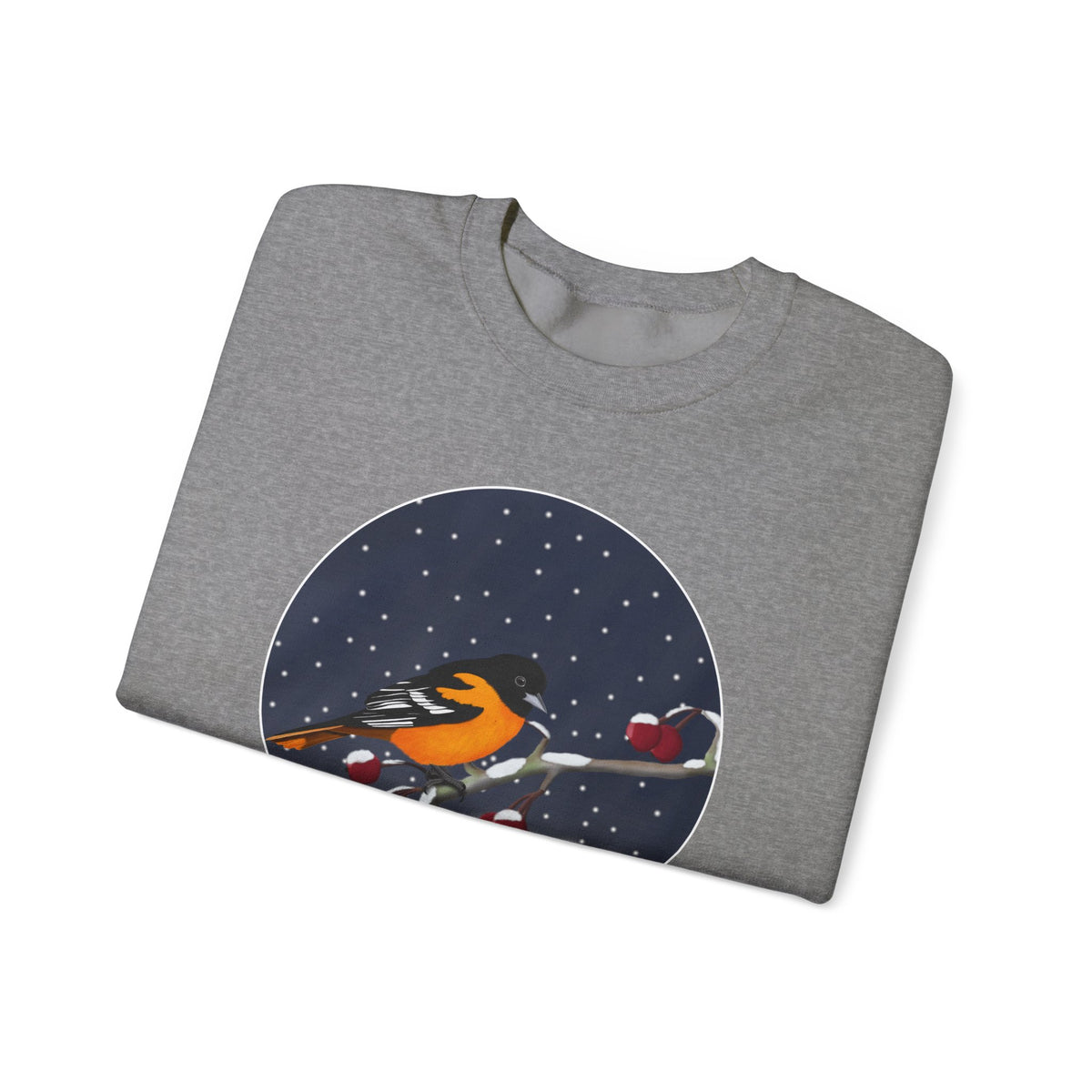 Baltimore Oriole on a Winter Branch Birdwatcher Christmas Bird Sweatshirt