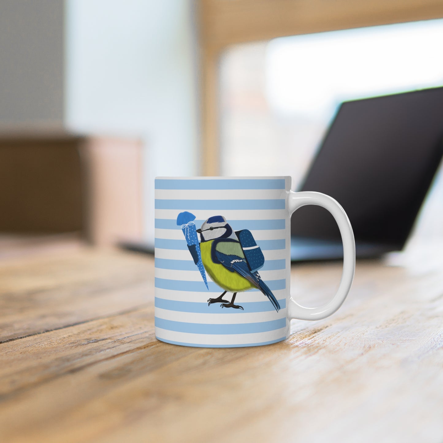 Blaumeise Vogel Tasse als Geschenk zur Einschulung Blau Weiß
