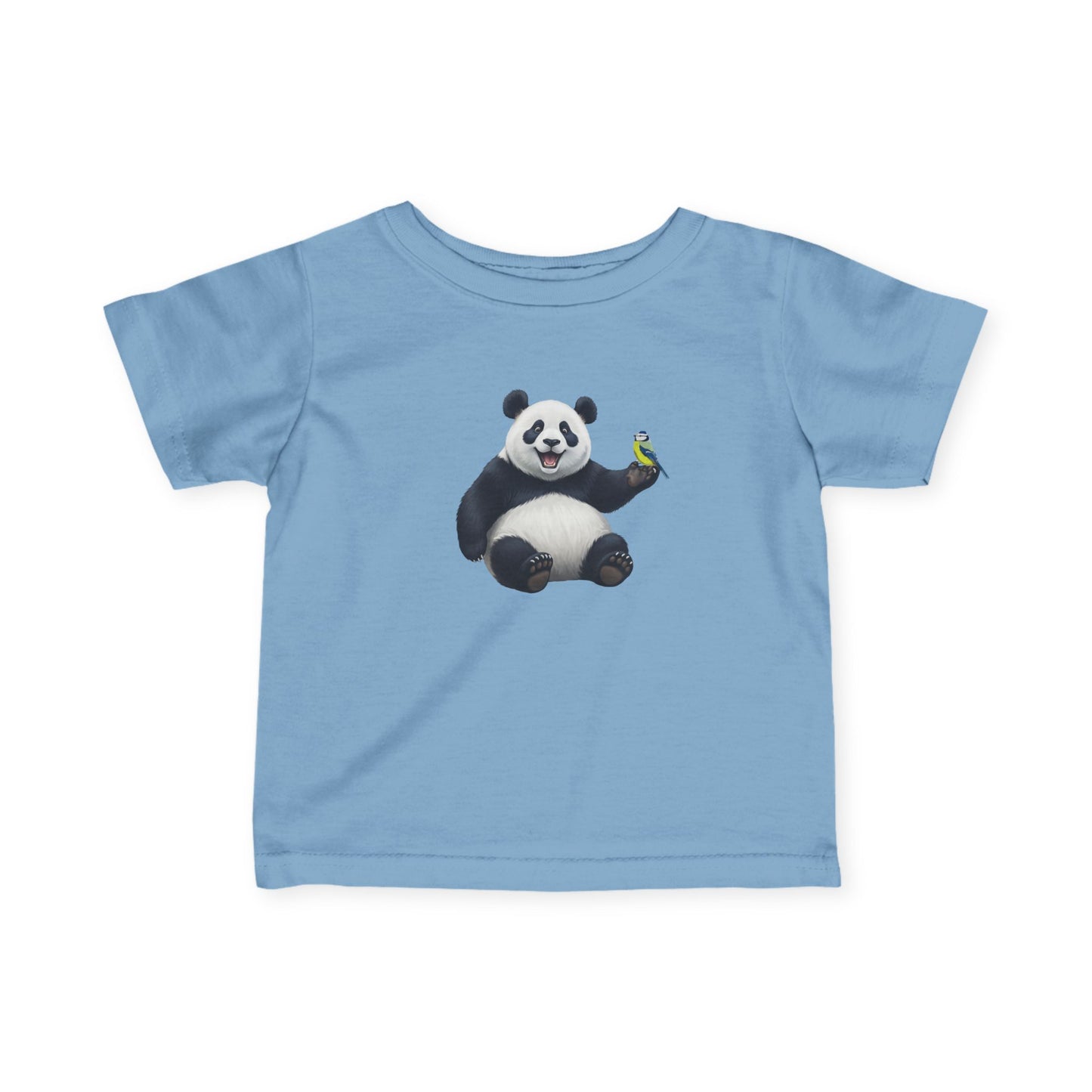 Fröhlicher Panda mit Blaumeise Vogel Tiermotiv T-Shirt für Babys und Kleinkinder