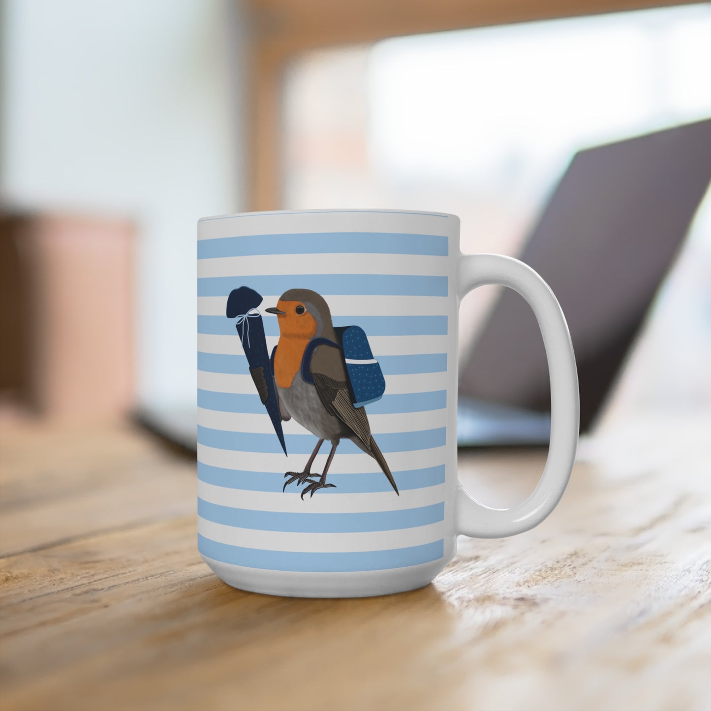 Rotkehlchen Vogel Tasse als Geschenk zur Einschulung Blau Weiß
