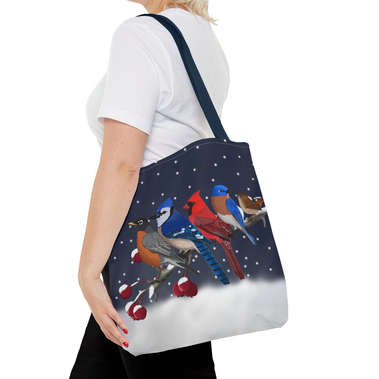 Robin Blue Jay Cardinal Bluebird Wren on a Winter Branch Christmas Bird Tote Bag 16"x16"