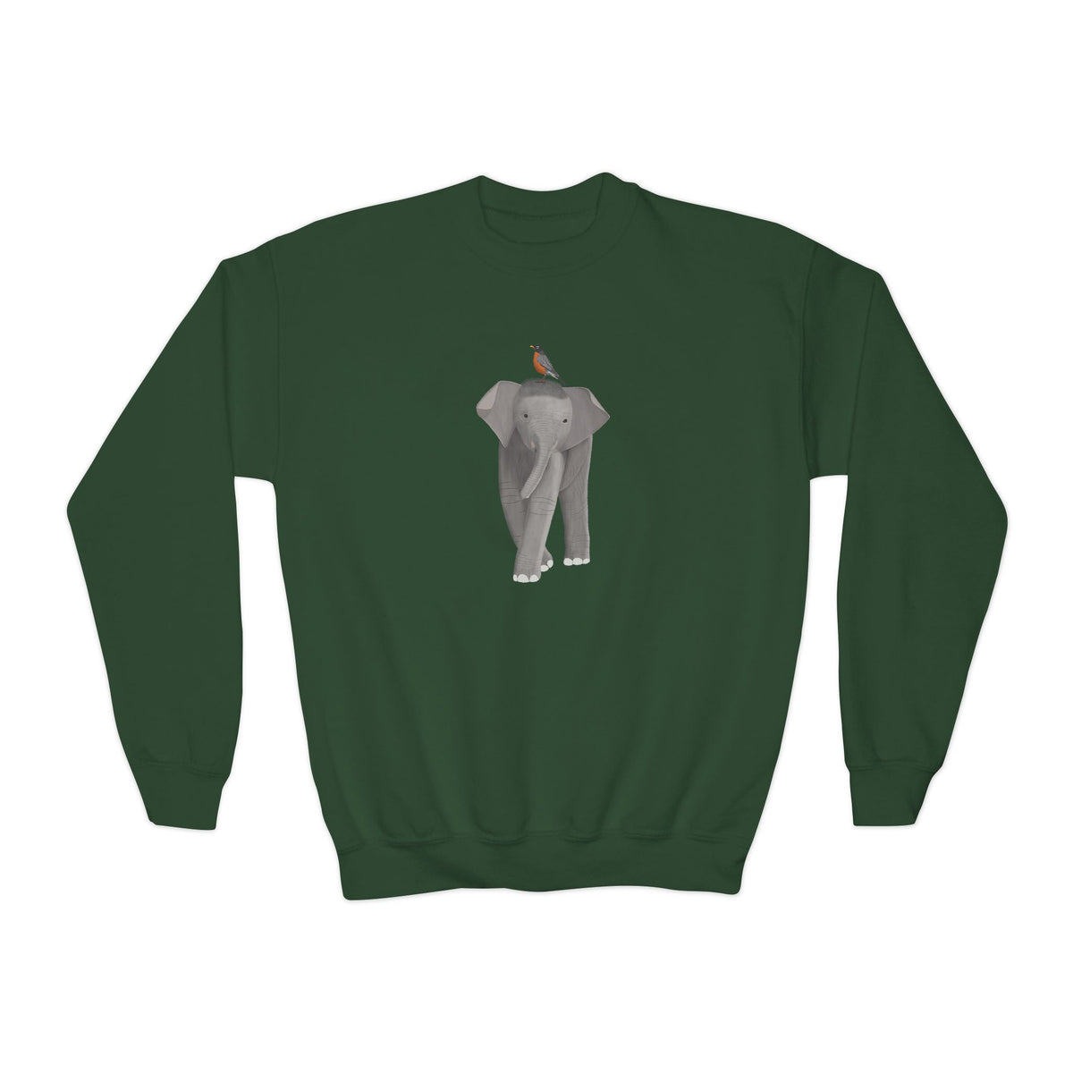 Elephant with American Robin Bird Youth Crewneck Sweatshirt – Casual Kids Clothing, Sweatshirts