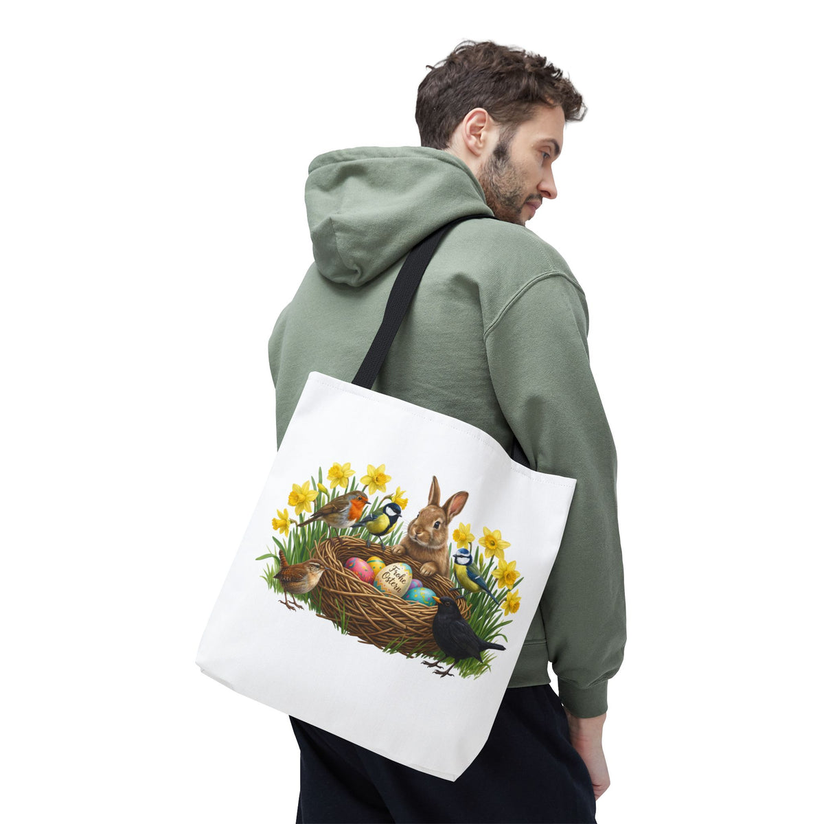 Robuste Einkaufstasche Frühling: Kaninchen, Amsel, Rotkehlchen & Meisen am Osternest | 40x40cm Shopper