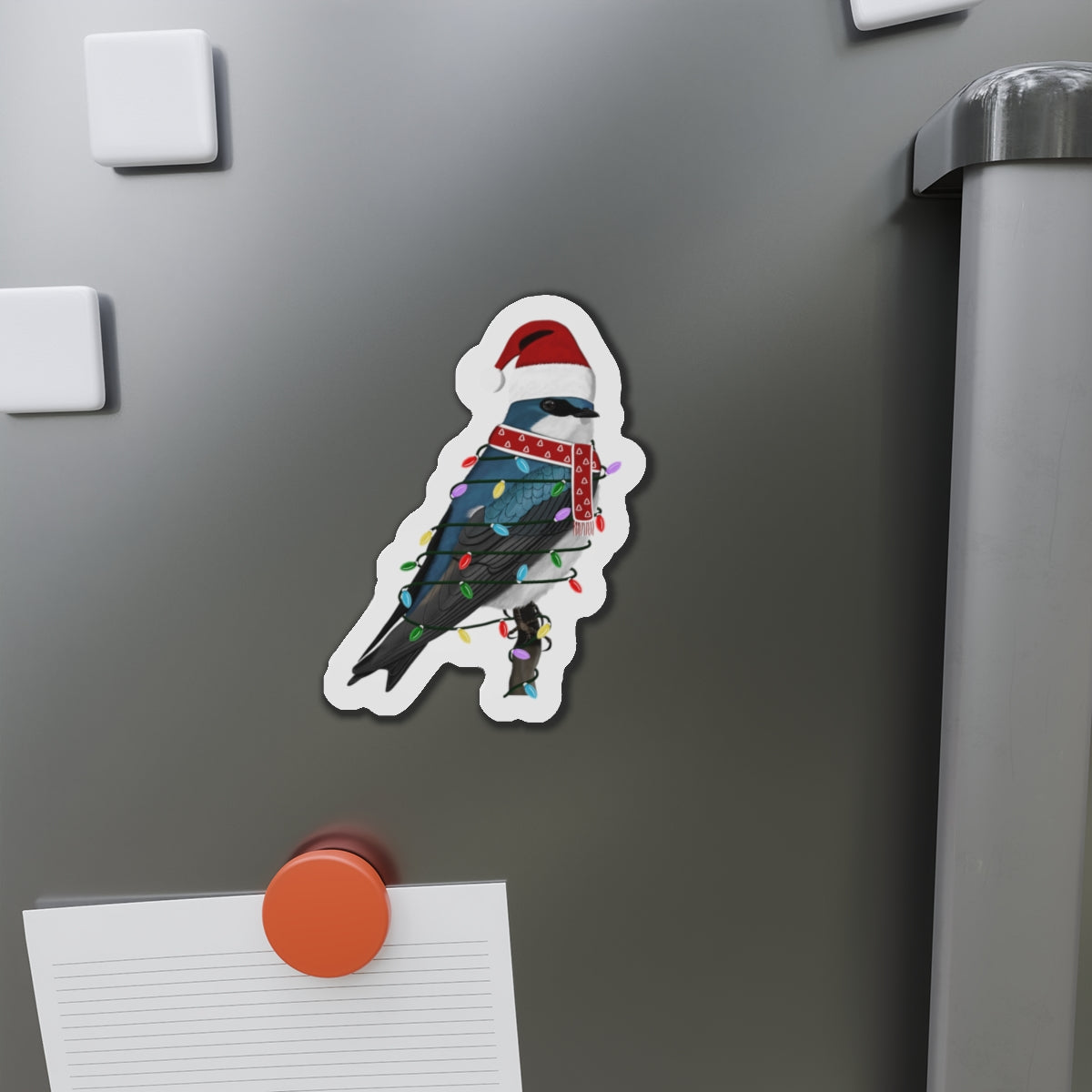 Tree Swallow with Fairy Lights and Scarf Christmas Bird Magnet