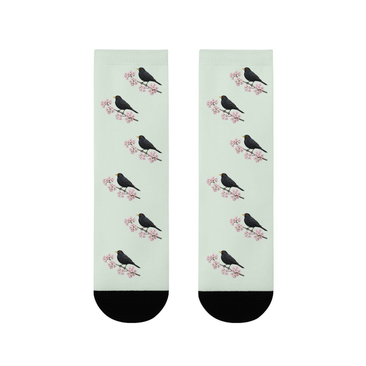 Amsel & Kirschblüten Socken in Salbeigrün | Weiche Baumwollmix-Socken für Naturfreunde