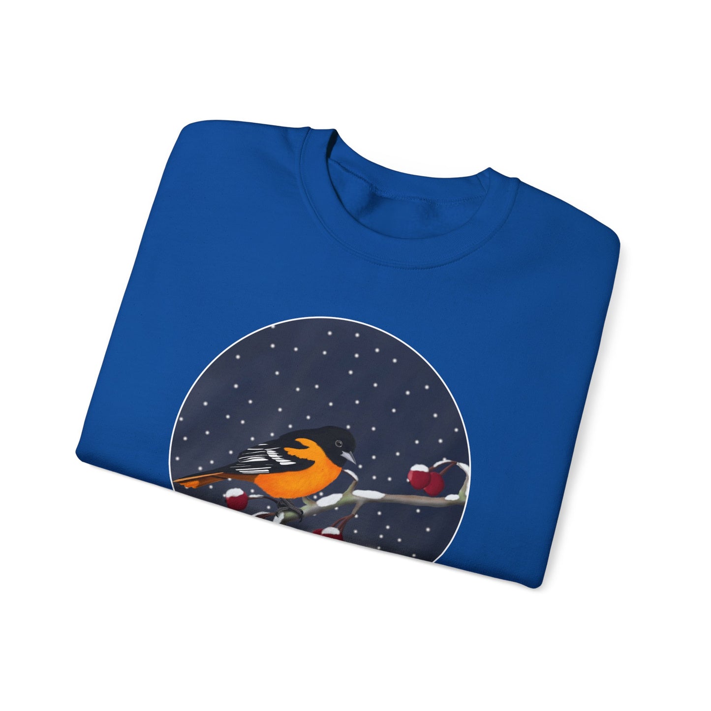Baltimore Oriole on a Winter Branch Birdwatcher Christmas Bird Sweatshirt