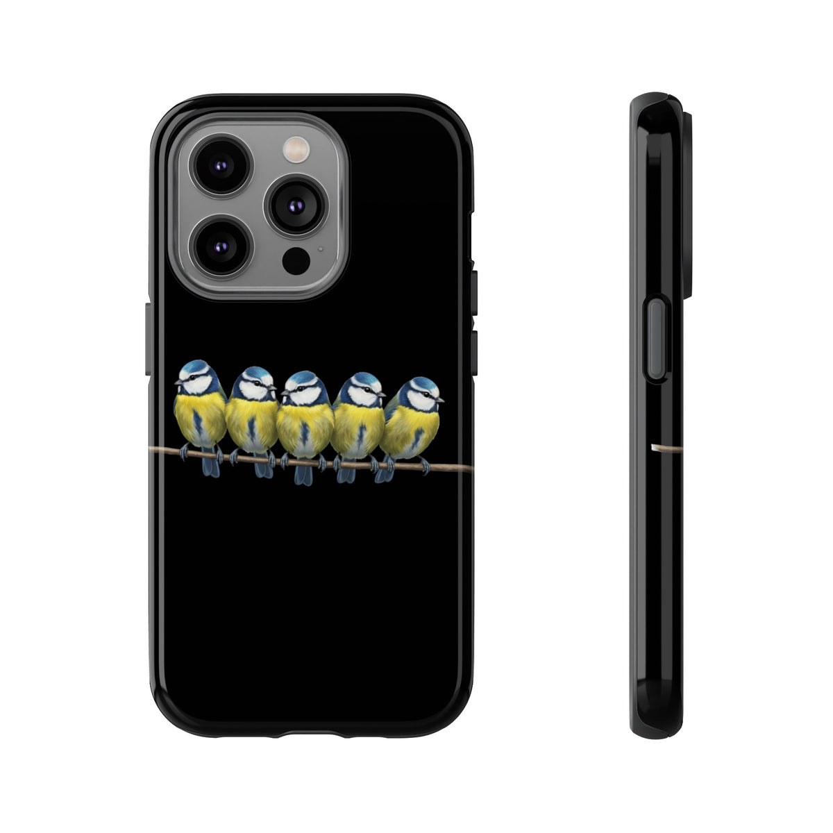 Funda premium para móvil de carbonero azul en una rama – Doble protección e impresión integral, negra