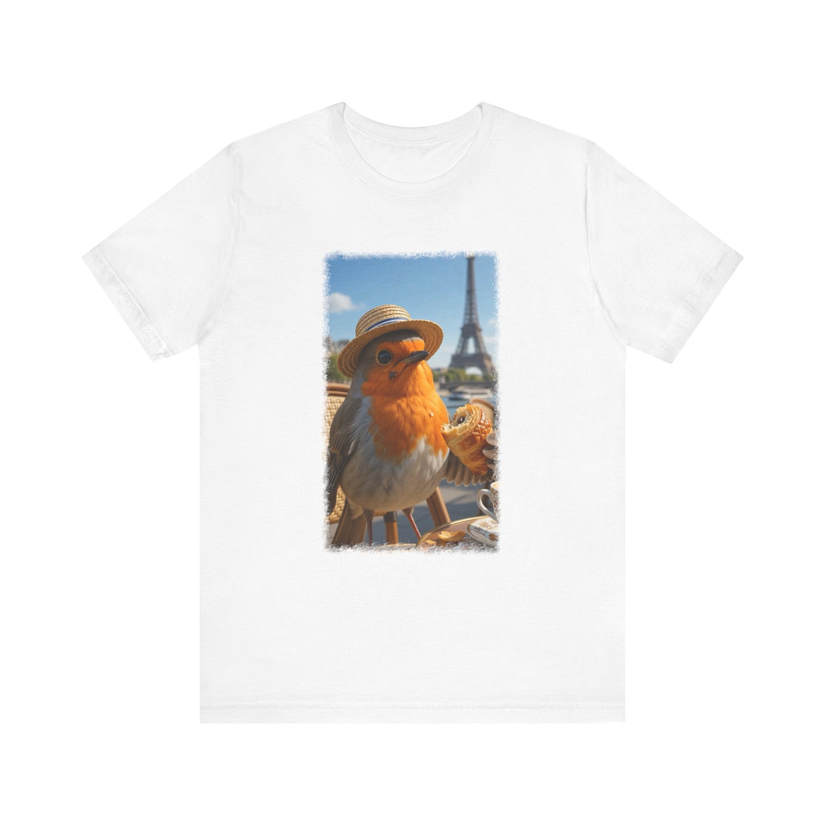 Rosi Rotkehlchen im Paris Bistro T-Shirt – Bequemes Premium Shirt für Vogelfreunde