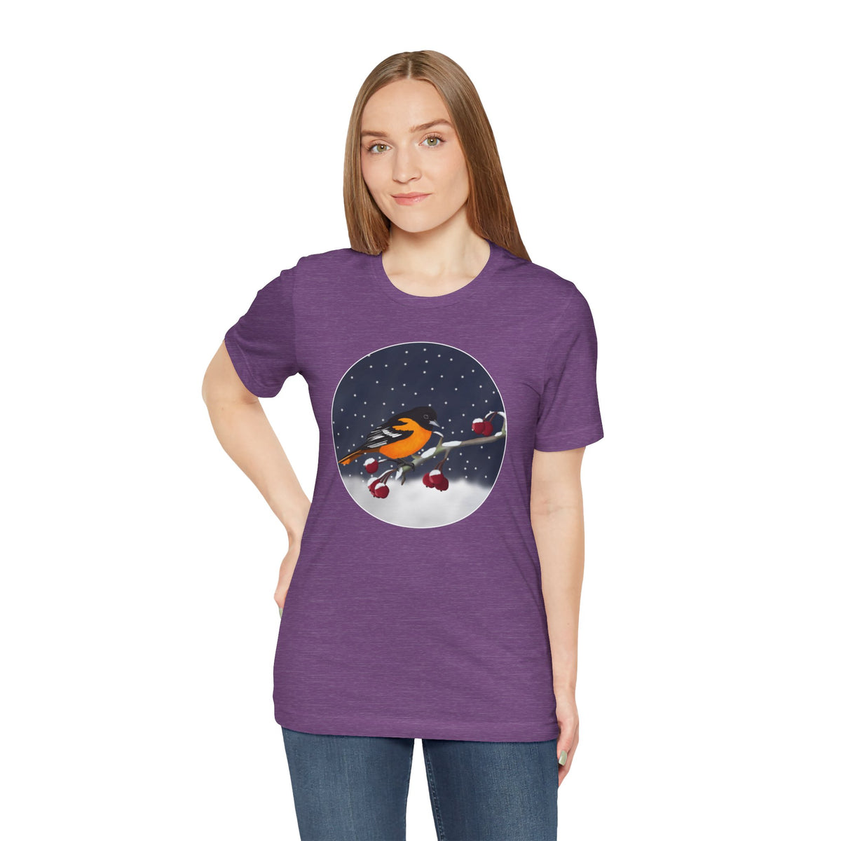 Baltimore Oriole on a Winter Branch Birdwatcher Christmas Bird T-Shirt