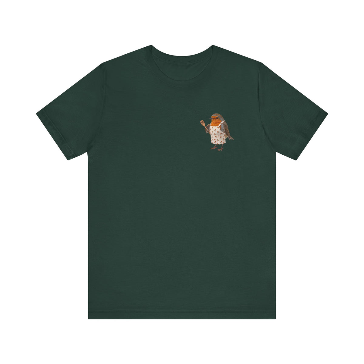 Divertida camiseta de petirrojo con delantal y espátula | Bonito motivo de pájaro para la cocina.