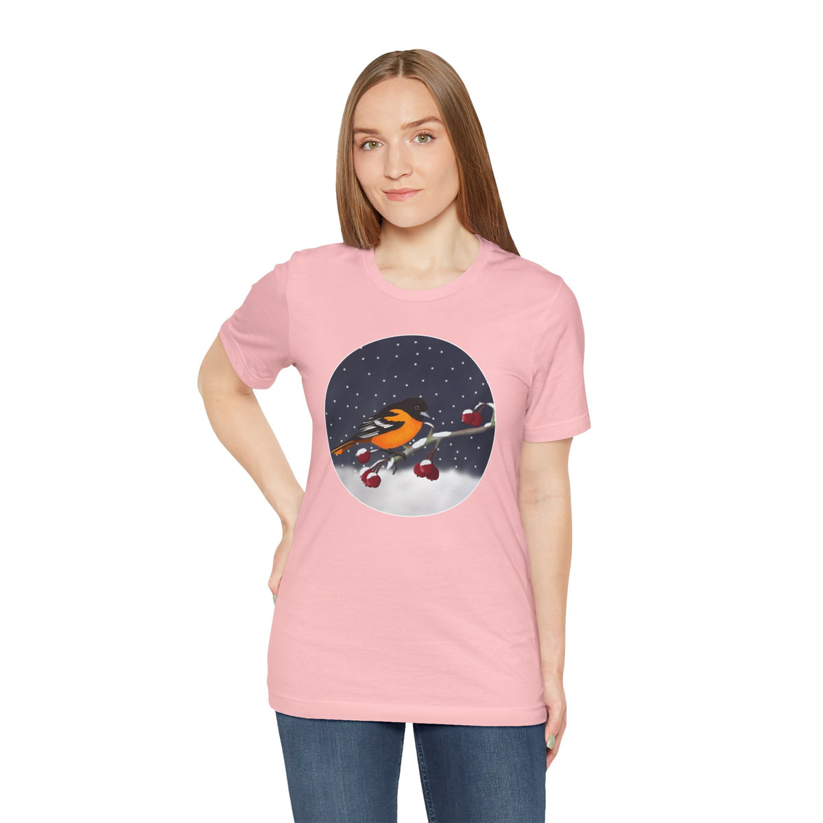 Baltimore Oriole on a Winter Branch Birdwatcher Christmas Bird T-Shirt