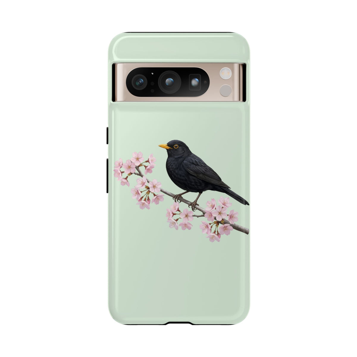 Amsel Handyhülle in Salbeigrün | Florales Kirschblüten Vogel-Motiv für iPhone & Google Pixel