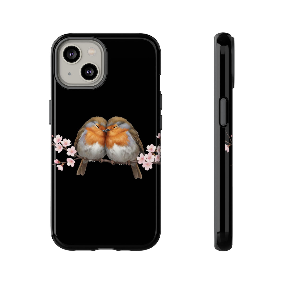 Rotkehlchen mit Kirschblüten Premium Handyhülle – Doppelt Geschützt & Rundum Bedruckt Schwarz