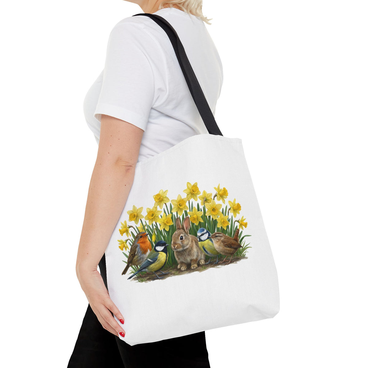 Resistente bolsa de compras «Primavera»: motivo de conejo, petirrojo y carbonero | bolso shopper de 40 x 40 cm