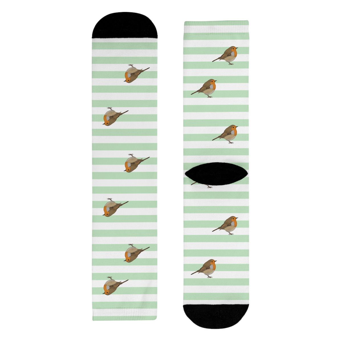 Rotkehlchen Socken – mit Streifen in Salbeigrün Weiß – Geschenk für Vogelliebhaber & Ornithologen