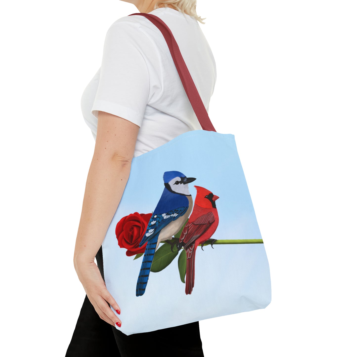 Blue Jay and Cardinal on a Rose Valentine's Day Bird Tote Bag 16"x16" - jz.birds