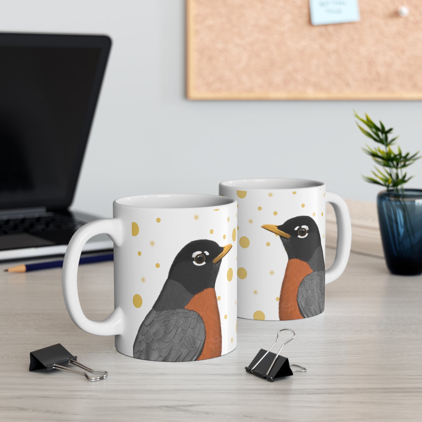 Robin Bird Ceramic Mug White Golden Dots 11oz