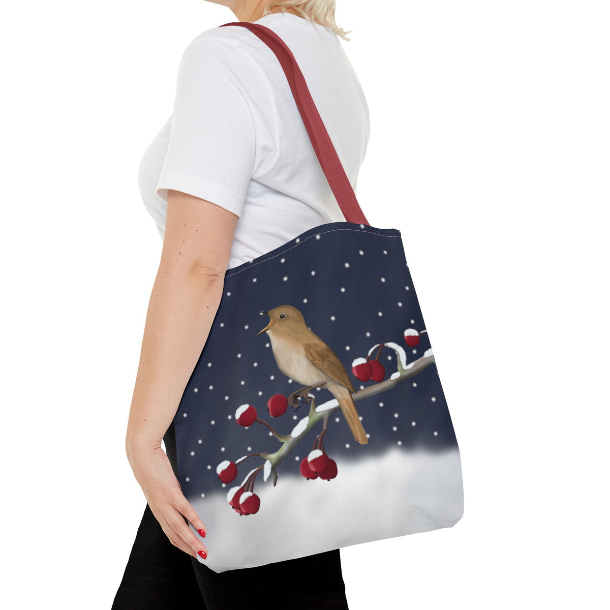 Nightingale on a Winter Branch Christmas Bird Tote Bag 16"x16" Bags – Accessories and All Over Print style