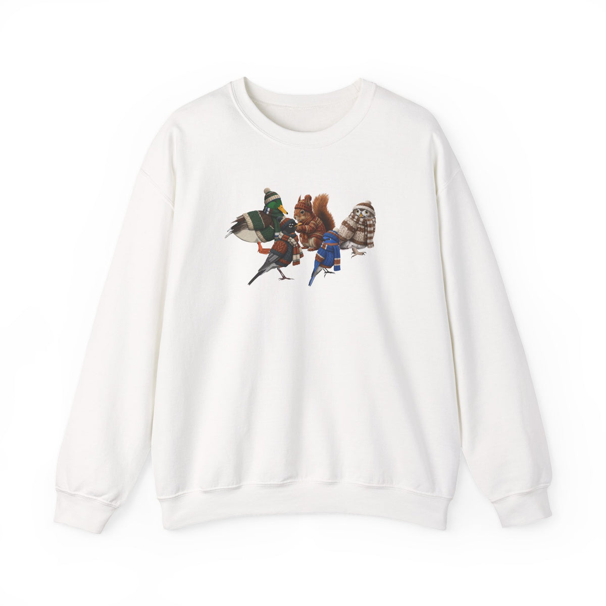Cozy Winter Crewneck: Backyard Birds & Squirrel in Knitwear Sweatshirt – Animal Lover Gift and Avian Enthusiast style