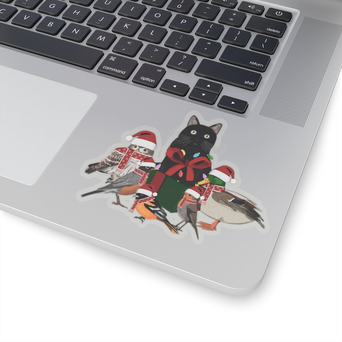 Robin Oriole Mallard Owl and Cat with Fairy Lights Santa Claus Hat and Scarf Christmas Bird Sticker