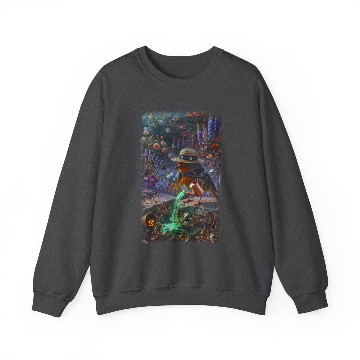 A dark charcoal gray crewneck sweatshirt featuring a large, colorful graphic print on the front. The graphic depicts a spooky, fantasy scene with a witch-like robin bird in a hat and a glowing green entity, set against a plain white background.