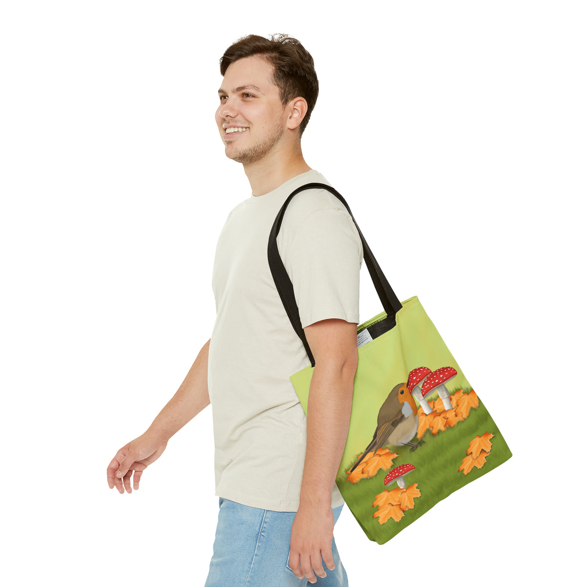 Robin in Fall Leafs Toadstool Bird Tote Bag 16"x16" - jz.birds