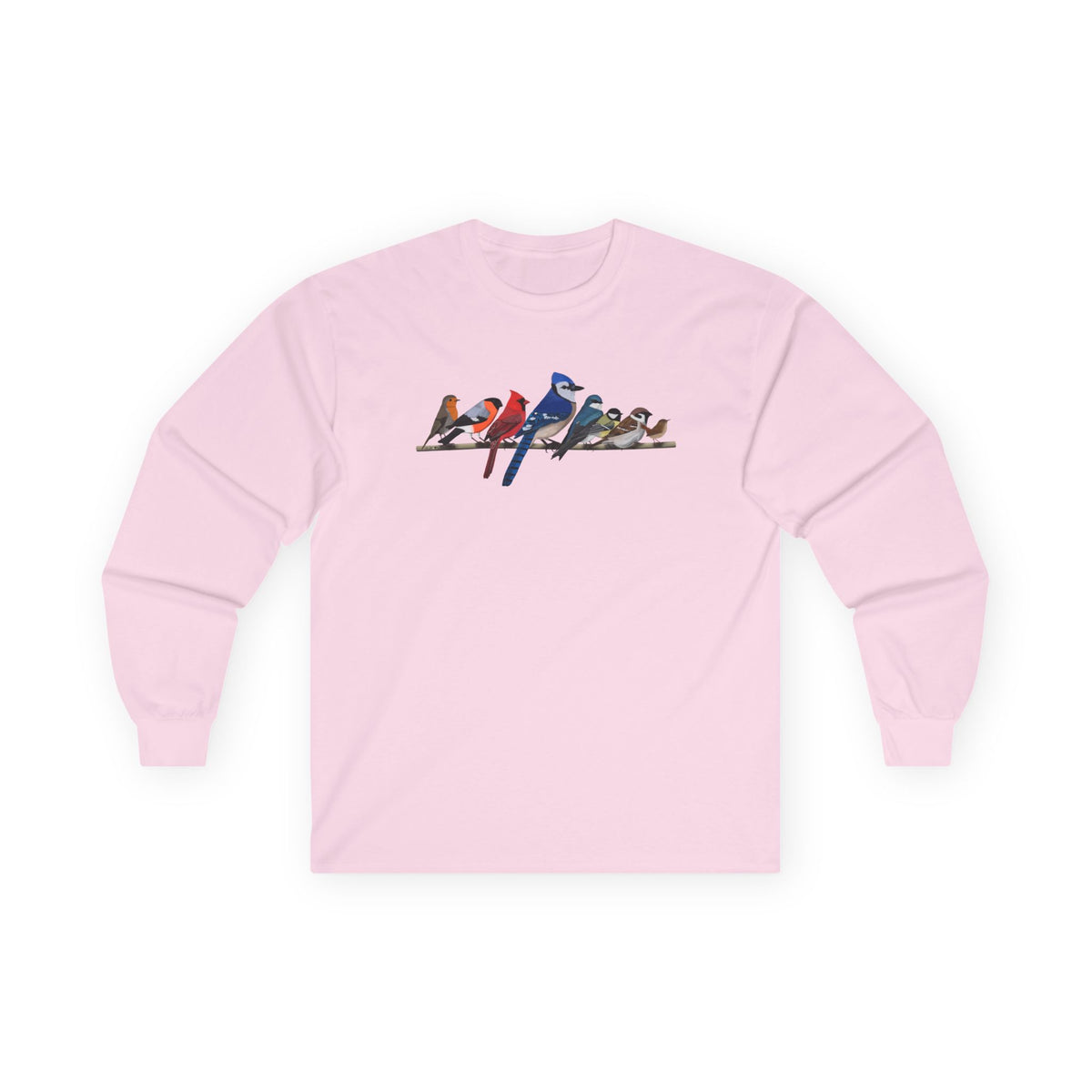 Blue Jay Cardinal Robin on a Branch Birdwatching Cotton Long Sleeve T-Shirt – Bird Graphic Tee, Long-sleeve