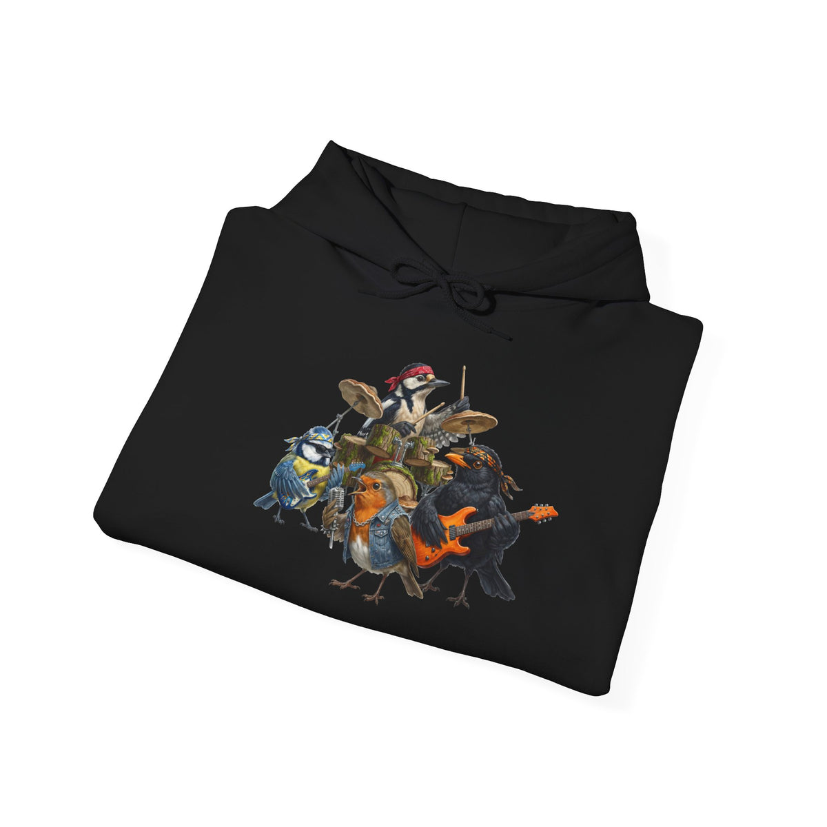 Vogel-Rockband Hoodie – Lustiger Kapuzenpullover mit Amsel, Rotkehlchen & Meise