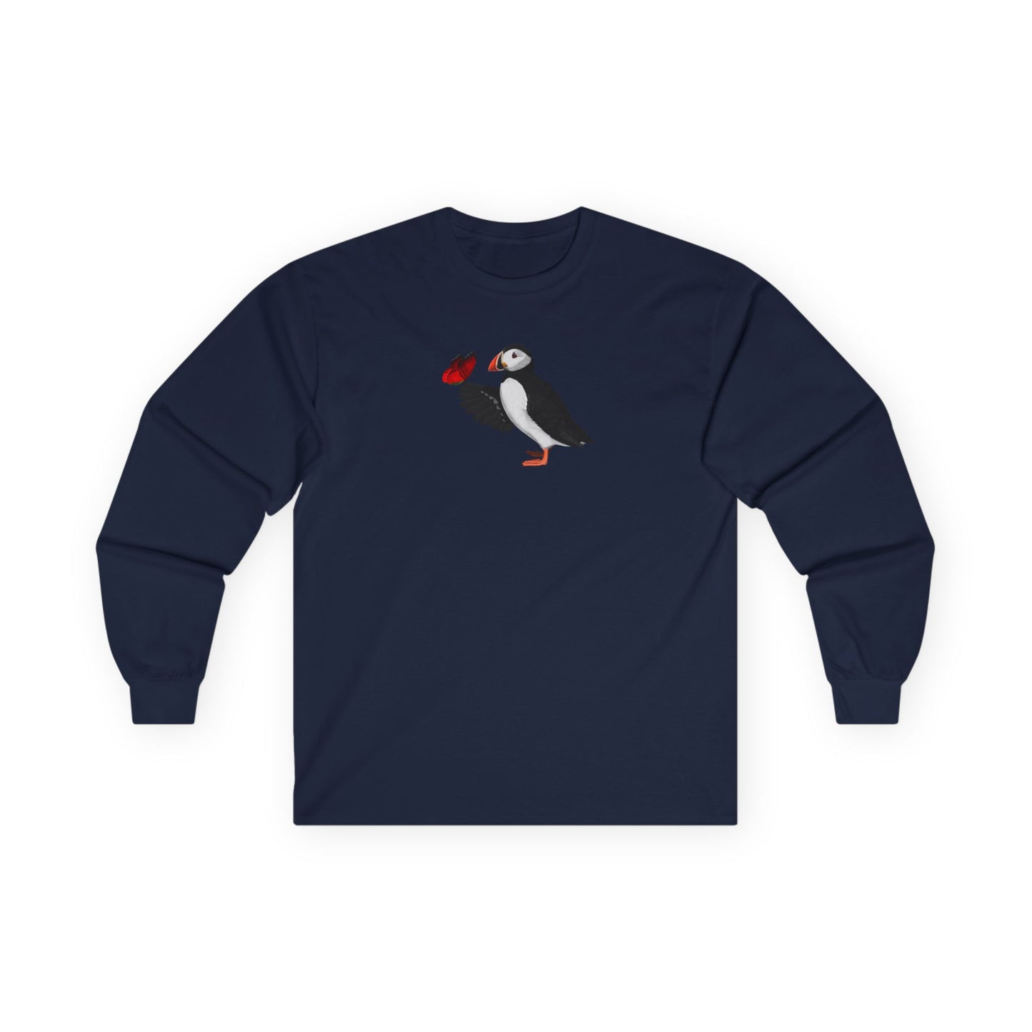 Puffin with Butterfly Birding & Birdwatching Bird Cotton Long Sleeve T-Shirt