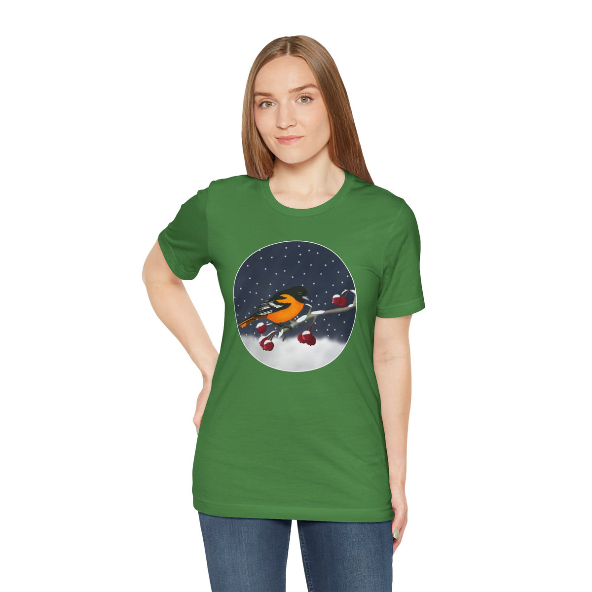 Baltimore Oriole on a Winter Branch Birdwatcher Christmas Bird T-Shirt