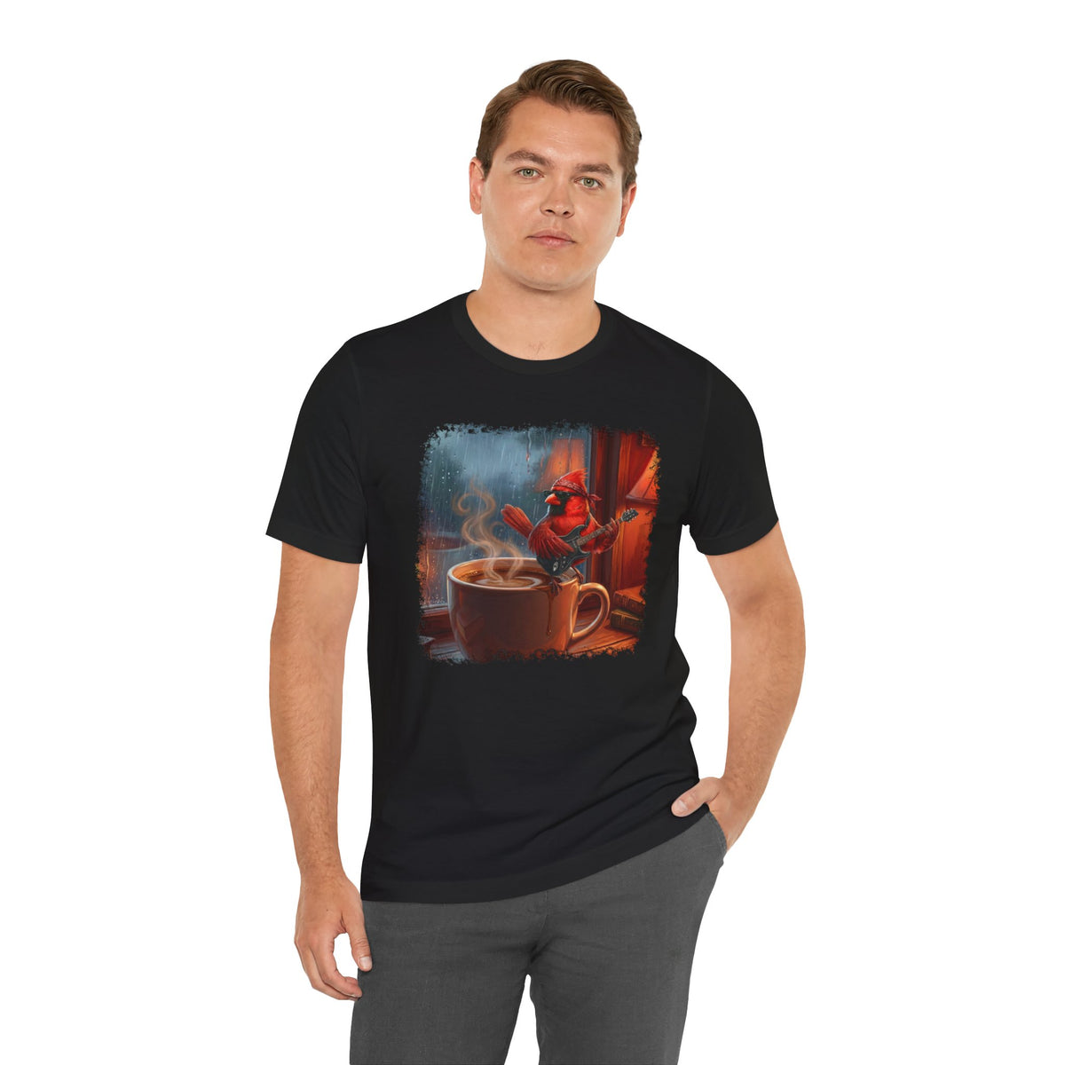 Vintage Lo-Fi Coffee & Rain Graphic Tee – Cardinal with Guitar Musician Shirt