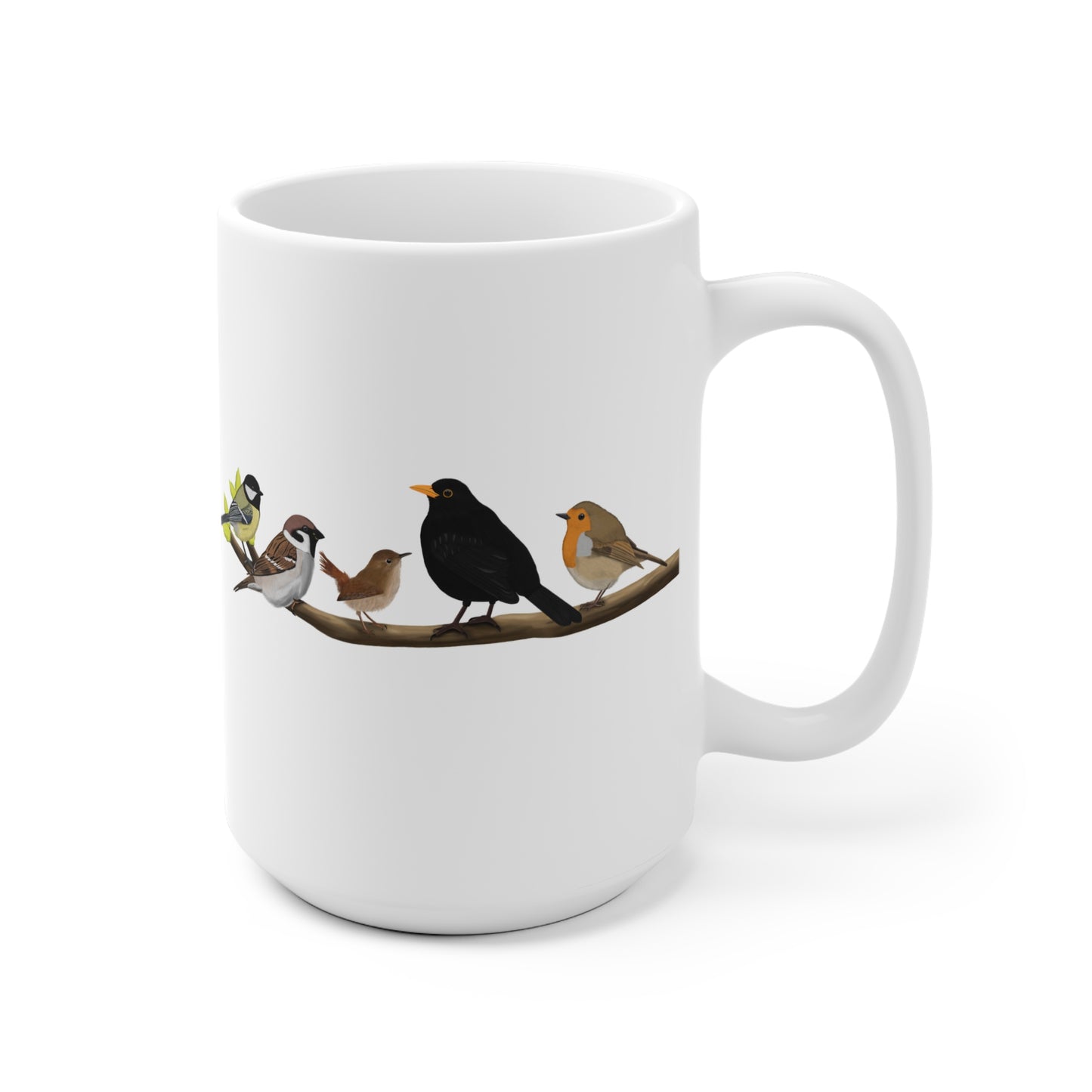 Vögel auf einem Ast Tasse Amsel Rotkehlchen Blaumeise Zaunkönig Spatz Kohlmeise Weiß