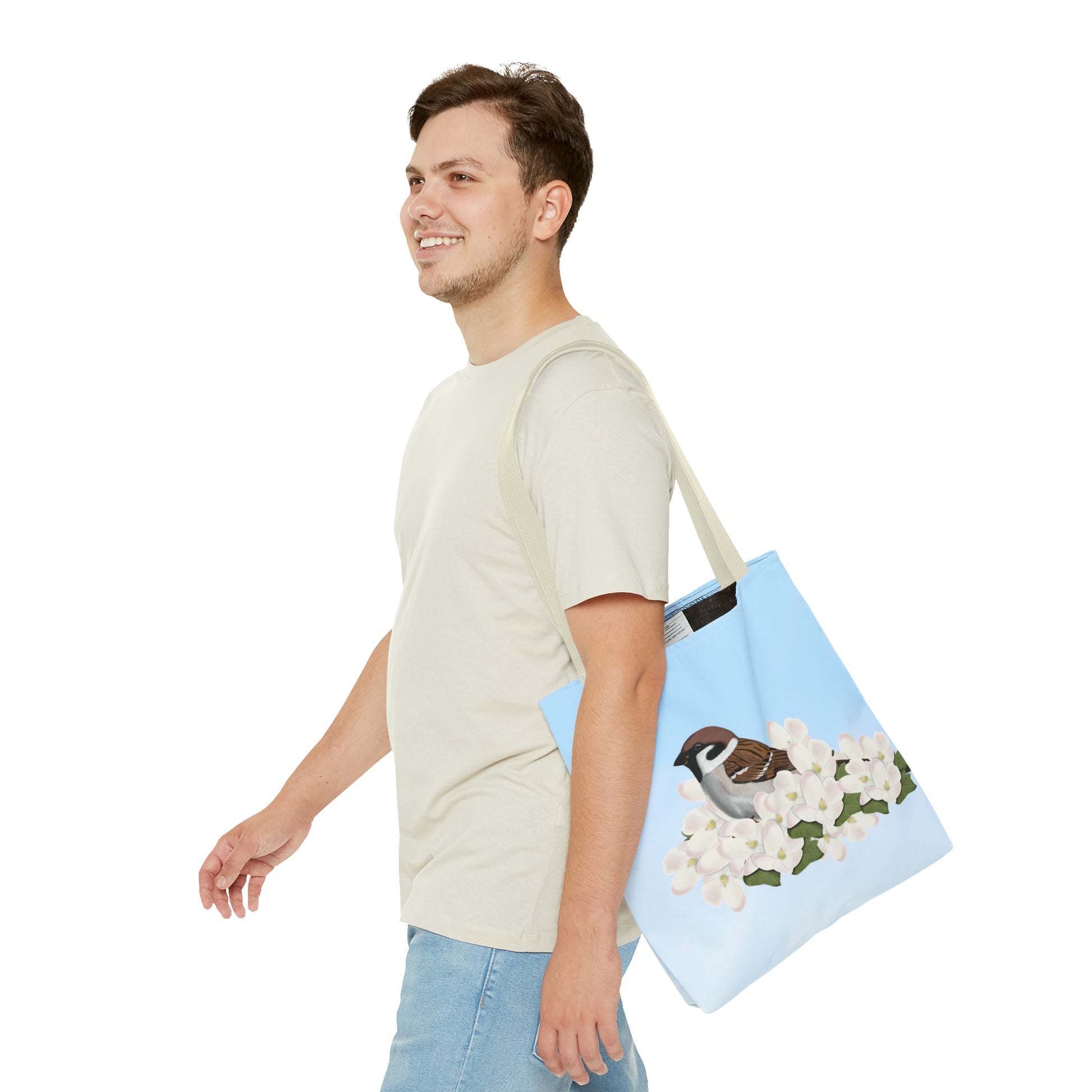 Tree Sparrow in Spring Blossoms Bird Tote Bag 16"x16" - jz.birds