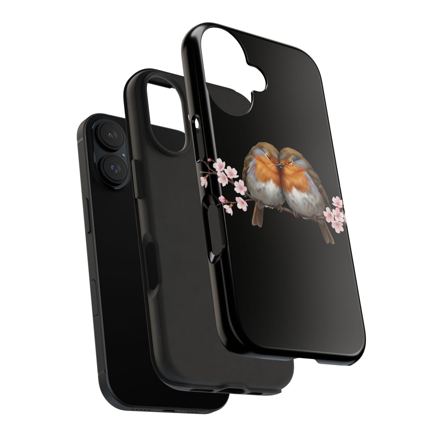 European Robin with Cherry Blossoms iPhone Case – Premium Tough Phone Cover Black