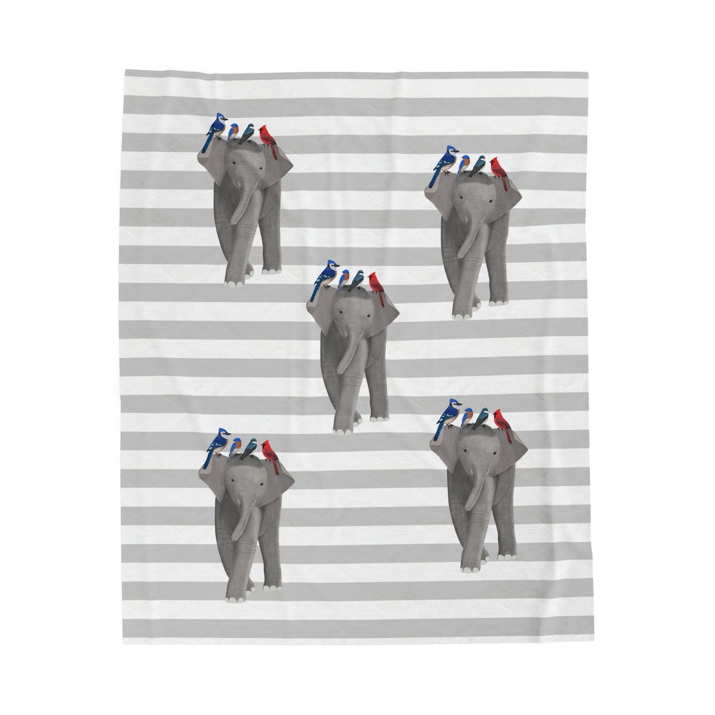 Tree Swallow, Bluebird, Blue Jay and Cardinal Sofa Blankets – Elephant with Backyard Birds Velveteen Plush Blanket Grey White